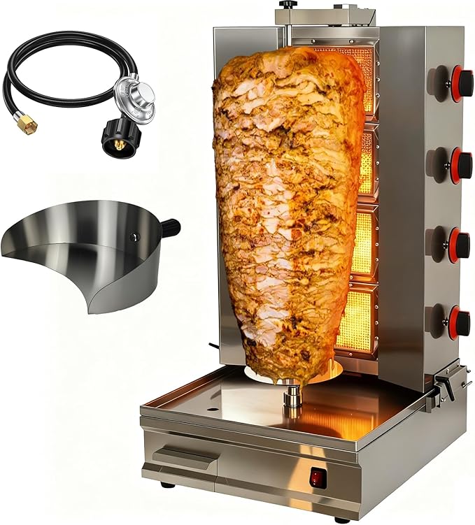 Shawarma Machine Oven Rotisserie Kebab Turkey Infrared Burner, Automatic Rotation and Adjustable Distance, 4 Propane Controls Up to 750°F,Vertical Skewers, Stainless Steel