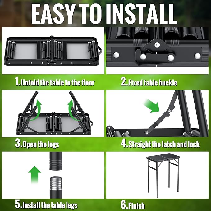GARLLEN 2ft Folding Camping Table Max Capacity 66lbs, 3 Adjustable Height Picnic Table with MDF Tabletop, Portable Folding Tables for Camping, Travel, Picnic, BBQ, Threaded Install, 23.6" L x 15.7" W