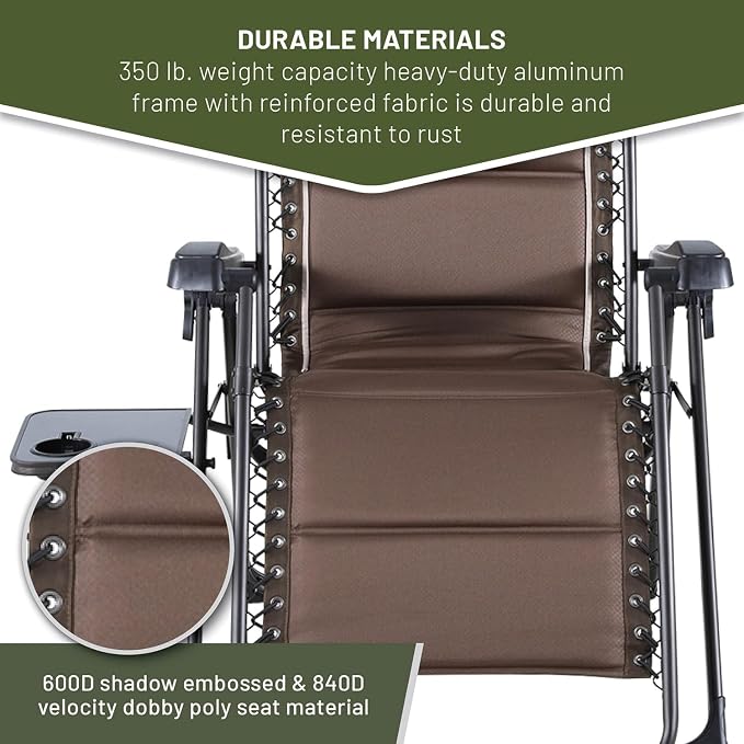 Timber Ridge Aluminum Zero Gravity Chair Set of 2, 350 lb Capacity Each | Padded Foldable Lounger with Side Table and Sliding Headrest; Reclines from 0° to 170° for Camping, Lawn, Patio or Indoor Use