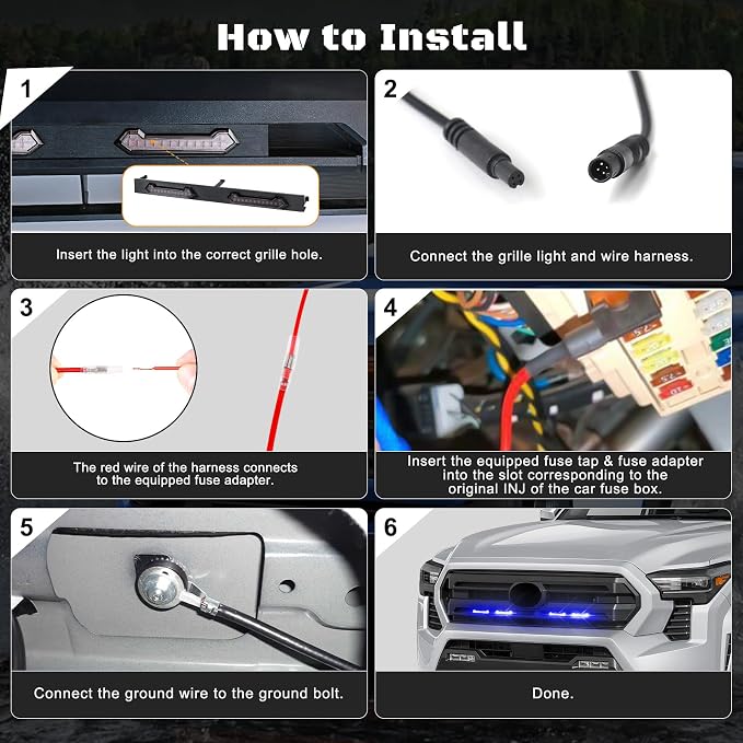 LED Grill Lights - 4PCS Front Grill Lights for Toyota Tacoma SR SR5 2024 2025 2026 with Fuse Adapter & Harness (Blue Light with Smoked Shell)
