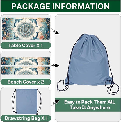 Picnic Table Cover with Bench Covers, Coastal Camper, 3PCS, 72 Inch | Waterproof fitted tablecloth with elastic edges outdoor camping essentials drawstring bag