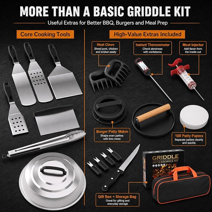 139 PCS Griddle Accessories Kit for Blackstone and Camp Chef, Flat Top Grill Tools Set with Enlarged Spatulas, Professional Burger Press Set with Patty Maker and Carry Bag for Outdoor BBQ