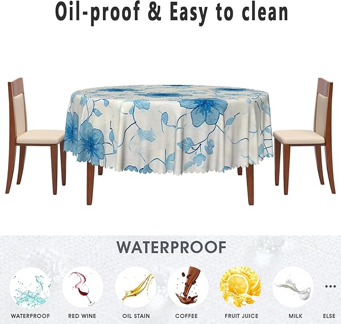 Blue Flower Round Tablecloth Perfect for Spring Home Decor 70x70 Inch Blooming Floral Washable Table Cover Watercolor Rustic Circle Table Cloth Dust-Proof for Farmhouse Decor Buffet Picnic