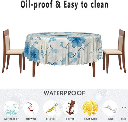 Blue Flower Round Tablecloth Perfect for Spring Home Decor 60x60 Inch Blooming Floral Washable Table Cover Watercolor Rustic Circle Table Cloth Dust-Proof for Farmhouse Decor Buffet Picnic