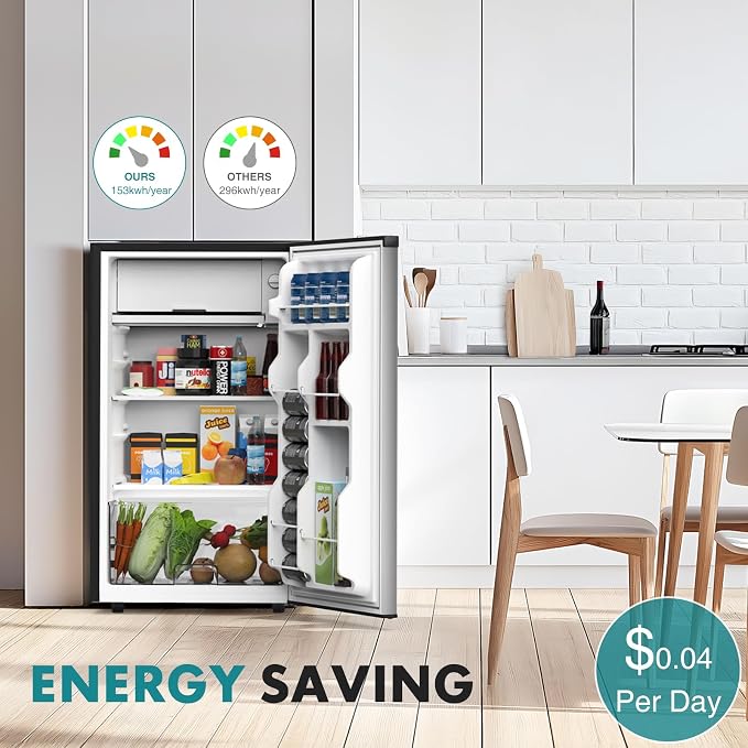 OLIXIS 3.2 Cu.Ft Mini Fridge with Freezer, Single Door Compact Refrigerator | Adjustable Thermostat, 5-Level Thermostat, for Bedroom Office Dorm, LED Interior Light, Sliver