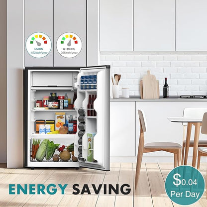 OLIXIS 3.2 Cu.Ft Mini Fridge with Freezer, Single Door Compact Refrigerator | Adjustable Thermostat, 5-Level Thermostat, for Bedroom Office Dorm, LED Interior Light, Sliver