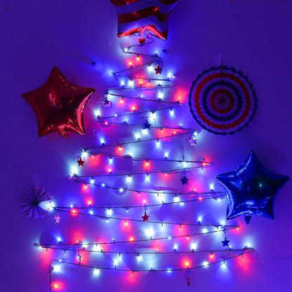 QITONG 4 Pack Red White Blue String Lights Battery Operated, Each 16ft 50 LED 4th of July Christmas Lights Outdoor, 8 Modes Green Wire Patriotic Lights Indoor for Independence Memorial Day Decor
