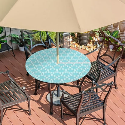 Fitted Round Tablecloth with Umbrella Hole and Zipper Aqua Blue Moroccan Outdoor Elastic Table Cloth 45"-56" Oil-Proof Waterproof Patio Table Cover for Dining Picnic Party
