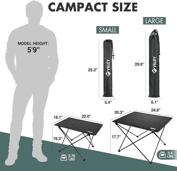VILLEY Folding Camping Table, Portable Lightweight Table with Carry Bag | Oxford Fabric & Reinforced Aluminum Panel, Stable Tabletop for Camping, Picnic, BBQ & Outdoor Dining