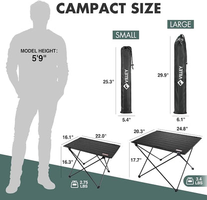 VILLEY Folding Camping Table, Portable Lightweight Table with Carry Bag | Oxford Fabric & Reinforced Aluminum Panel, Stable Tabletop for Camping, Picnic, BBQ & Outdoor Dining