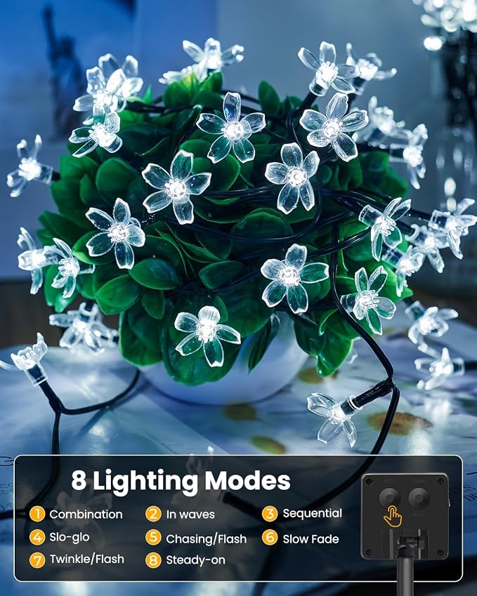 Brightown 60 LED Flower Solar String Lights Outdoor Waterproof, Fairy Lights for Garden Yard Fence Patio Christmas Tree Wedding Party Decor, White, 2 Pack