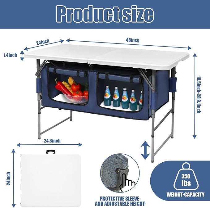 Camp Field 4ft Foldable Camping Table with Built-in Storage Organizer, Adjustable Height Heavy Duty Portable Camp Kitchen Table, Multi-Purpose Folding Table for BBQ, Tailgate, Beach, Camping...