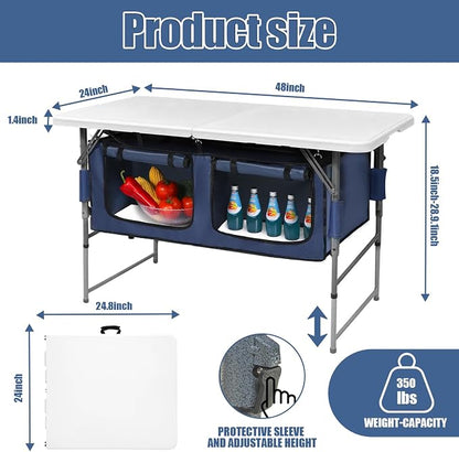 Camp Field 4ft Foldable Camping Table with Built-in Storage Organizer, Adjustable Height Heavy Duty Portable Camp Kitchen Table, Multi-Purpose Folding Table for BBQ, Tailgate, Beach, Camping...
