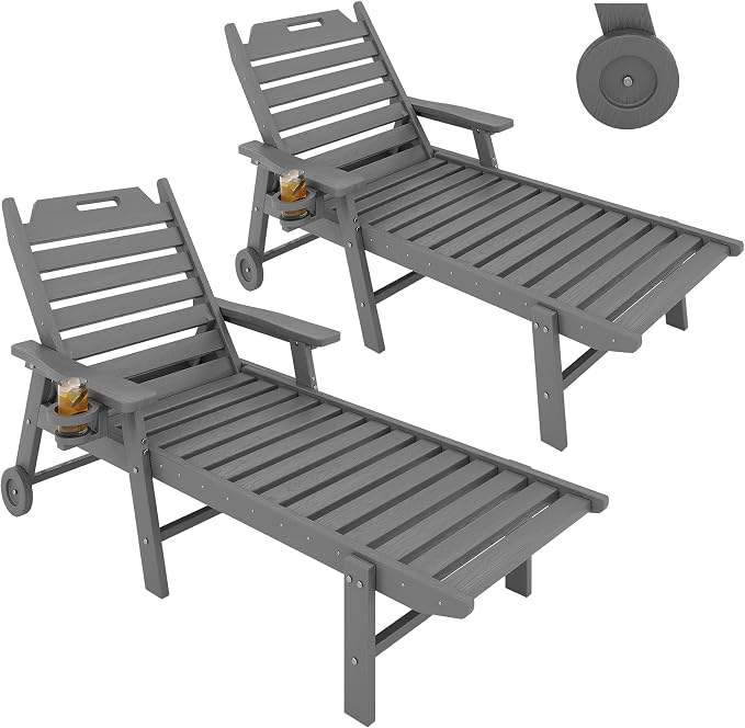 2 Pack HDPE Lounge Chair Outdoor with Cup Holder & 5-Position Backrest | All-Weather & Wood Textured for Patio Poolside Deck Backyard, Grey