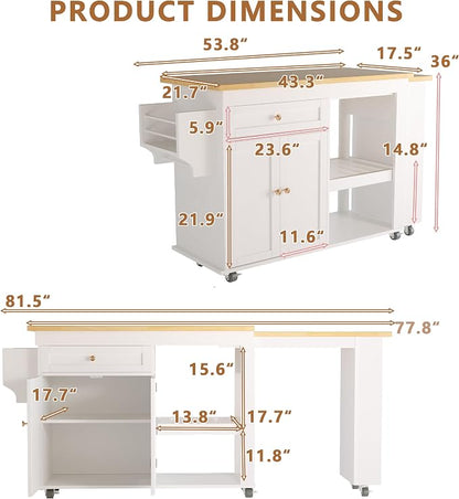 81.5" Kitchen Island with Extendable Dining Table, Rolling Kitchen Cart on Wheels with Spice Rack, Drawer and Door Cabinet for Dining Room, White