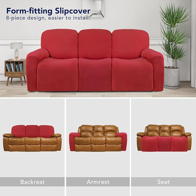 PureFit Super Stretch 3 Seats Recliner Sofa Couch Cover with Pocket | Non Slip Soft Sofa Slipcover, Washable Spandex Reclining Furniture Protector for Kids, Pets (Recliner Sofa, Red)