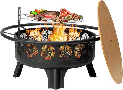 Verdeluxe 38” Wood Burning Fire Pits for Outside,3-in-1 Fire Pit with Grill, Spark Screen & Fire Poker,Outdoor Firepit Table with Swivel Cooking Grate for Yard BBQ Bonfire Patio Camping (38 inch)