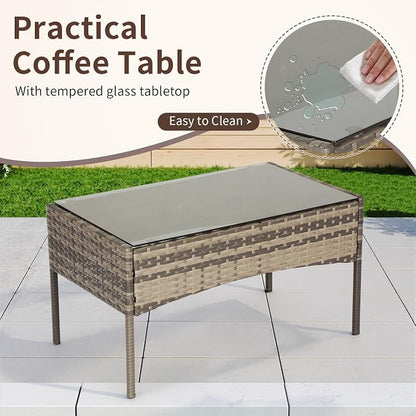 FDW Outdoor Patio Furniture Set Wicker Patio Set PE Rattan Furniture Bistro Set for Outdoor Indoor Use with Loveseats Coffee Table, Red Cushions, 4 Pieces