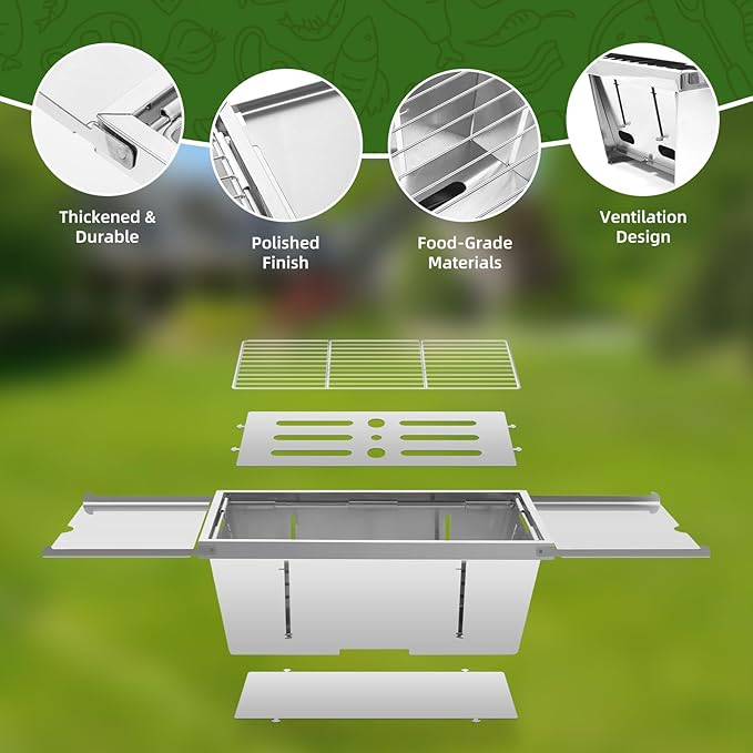 Portable Grill, Uten Stainless Steel Foldable Charcoal Grills with Condiment Plates, Carry Bag, Lightweight, Tabletop Small Barbecue for Camping, Tailgating, Beach BBQ, Travel (15.3" x 8.7")