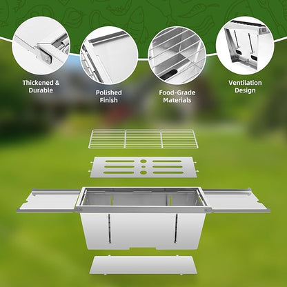 Portable Grill, Uten Stainless Steel Foldable Charcoal Grills with Condiment Plates, Carry Bag, Lightweight, Tabletop Small Barbecue for Camping, Tailgating, Beach BBQ, Travel (15.3" x 8.7")