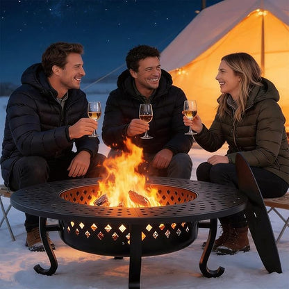 43 Inch Fire Pit with 2 Grill, Outdoor Wood Burning Firepit with Lid, Metal Round Table for Backyard Patio Garden Picnic Camping Bonfire