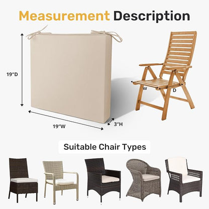 UNIKOME Outdoor Chair Cushions Pack of 4, Water Resistant Patio Cushions with Ties, High Density Sponge Filling Square Corner Seat Cushions for Outdoor Furniture, 19"*19"*3", Beige
