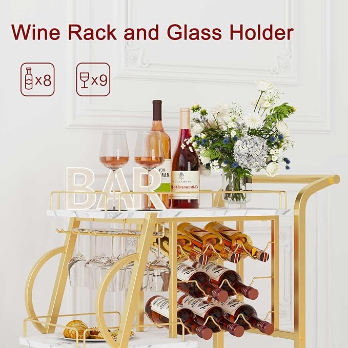 Bar Cart, Gold Bar Carts for The Home, Serving Cart with Wine Glass Holder, 3-Tier Drink Carts with Wheels, Rolling Beverage Trolley for Kitchen, Dining, Living Room (Gold & Marbleized White)