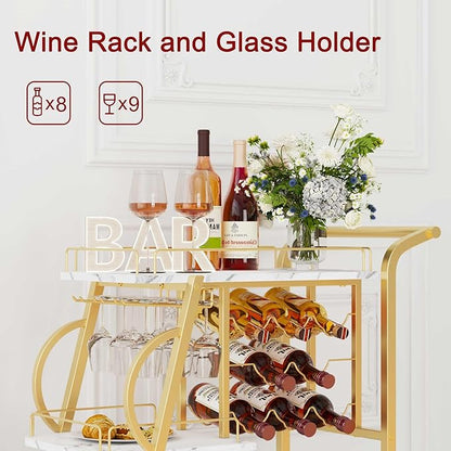Bar Cart, Gold Bar Carts for The Home, Serving Cart with Wine Glass Holder, 3-Tier Drink Carts with Wheels, Rolling Beverage Trolley for Kitchen, Dining, Living Room (Gold & Marbleized White)