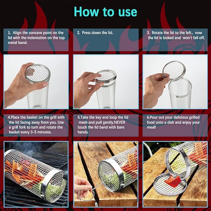 mancola BBQ Net Tube-Rolling Grilling Basket,Rolling Grilling Baskets for Outdoor Grilling,Round Stainless Steel BBQ Grill Mesh, Camping Barbecue Rack for Vegetables, French Fries, Fish