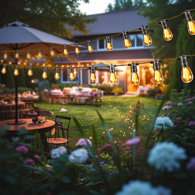 Outdoor Solar String Lights 49FT 15, Shatterproof & Waterproof LED Patio Lights with Remote, Dimmable & Timer Functions, 2700K Warm White Commercial Grade Decorative Hanging Lights