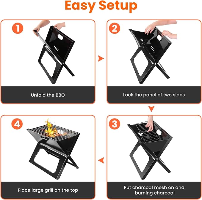 Folding Charcoal Grills, Black Notebook-Style Small Portable BBQ Grill for Outdoor Camping, Picnics, Cooking, Bonfire, Patio, Backyard