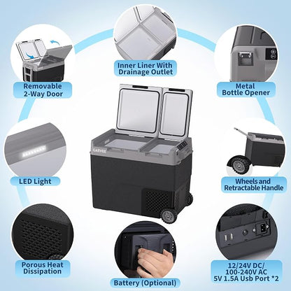 Car Refrigerator, 61QT(58L) Dual Zone Car Fridge Portable Freezer Compressor Electric Cooler, Portable Refrigerator, Rapid Freezing, -4°f to 68°f, 12/24V Can Internal Battery (Not Included) LCD Built-