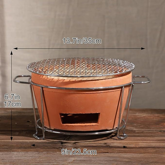 Clay Charcoal Stove, Multifunctional Pottery Barbecue Stove, Portable Ceramic Grill, Tabletop BBQ Grill for Home, Picnic, Camping, Tea Making and Outdoor Cooking(13.7x6.7in/35x17cm)