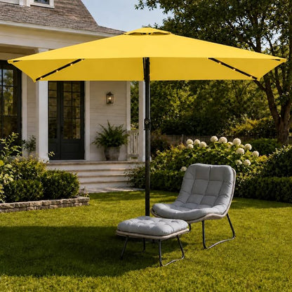 6.5 x 10ft Rectangular Patio Umbrella with Solar Lights, 16 LED Lighted Market Umbrella with Push-Button Tilt and Crank, 6 Sturdy Iron Ribs for Garden, Deck, Pool, Sunshine Yellow