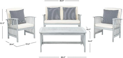 SAFAVIEH Outdoor Collection Rocklin Grey / Beige Cushions/ Stripe Pillows 4-Piece Conversation Patio Set