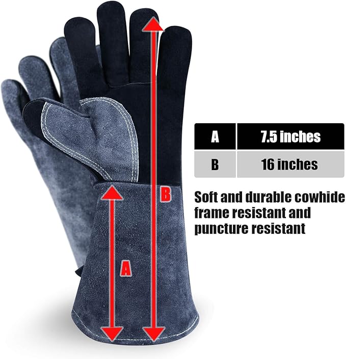 OZERO 16 Inch Heat Resistant Welding Gloves, 20% Thicker Genuine Split Cowhide 932℉ EN407 Certified Leather Fire Gloves for Grill Oven Fireplace Black-gray