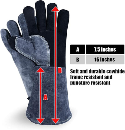 OZERO 16 Inch Heat Resistant Welding Gloves, 20% Thicker Genuine Split Cowhide 932℉ EN407 Certified Leather Fire Gloves for Grill Oven Fireplace Black-gray