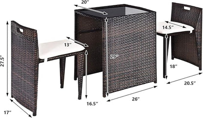 HAPPYGRILL 3 Pieces Wicker Patio Bistro Set, Outdoor Rattan Dining Set, Patio Furniture Set with Cushions for Yard Deck Garden Poolside