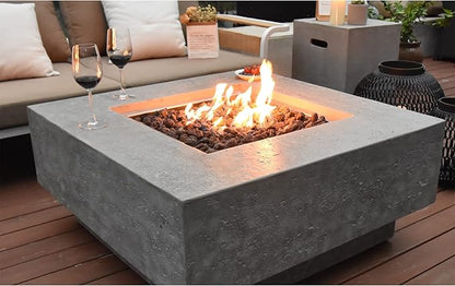 Elementi Manhattan Outdoor Fire Pit Table 36 Inches Square Firepit Concrete Patio Heater Electronic Ignition Backyard Fireplace Cover Lava Rock Included Liquid Propane