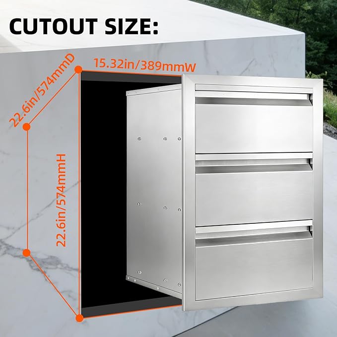 Outdoor Kitchen Drawers 18" x 23" x 23" Stainless Steel Triple Drawer Cabinet, Flush Mount Modular Storage for BBQ Islands & Patios