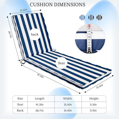 Chaise Lounge Cushions Outdoor, 72"x22"x3" Patio Lounge Chair Furniture Cushions with Washable Covers for Pool, Patio, Lawn (Blue+White Stripes, 1 Pcs)