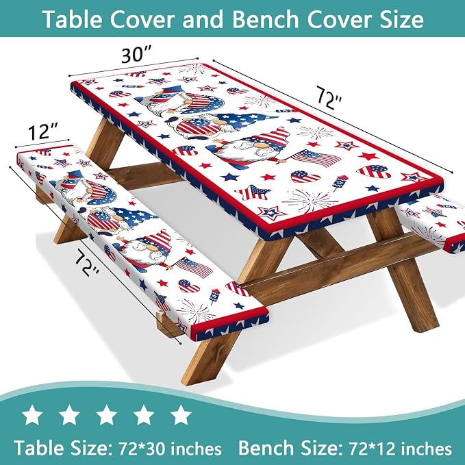 4th of July Picnic Table Cover with Bench Covers, Camping Essentials, Patriotic American Flag Gnomes Stars Table Cover Waterproof Fitted Tablecloth Cover with Elastic Edge for Outdoor 3 PCS 30x72 Inch