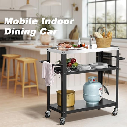 Baotree Outdoor Grill Cart Table, Stainless Steel Outdoor Grill Cart Pizza Oven Stand Trolley Table with Two Side Handle, Garden Patio BBQ Kitchen Heavy Duty Table Cart (Black)