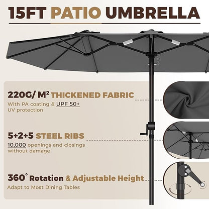 GDPFN 15FT Large Patio Umbrella, Outdoor Deck Standing Umbrella with Crank Handle, Double-Side Rectangular Pool Umbrella for Outside, Market, Patio, Dark Gray (Base Not Include)