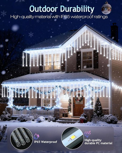 PEMOTech Christmas Lights Outdoor,12-Tube Meteor Shower Lights Outdoor | White Waterproof Icicle Lights, 34.1 FT, 11.8-Inch Tubes, 16.4 FT Cable, Luces Navideñas para Exteriores, Tree & Garden Decor