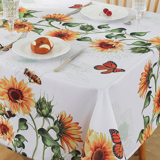 SASTYBALE Sunflower Tablecloth, White, 60x84 Inch Rectangle | Spill Proof Wrinkle Resistant Dustproof Table Cloth for Spring Summer Garden Party, Outdoor BBQ Brunch Picnic Indoor Dining