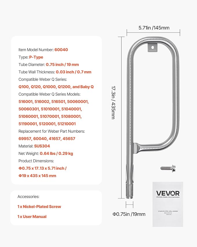 VEVOR Grill Burner Tube for Weber Q100, Q120, Q1000, Q1200, Baby Q Gas Grills, 17 inch 304 Stainless Steel Tube Burner for Weber 516001, 516002, 50060001, Replacement Part 69957, 60040, 41657, 45657