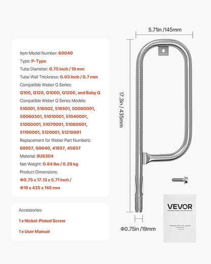 VEVOR Grill Burner Tube for Weber Q100, Q120, Q1000, Q1200, Baby Q Gas Grills, 17 inch 304 Stainless Steel Tube Burner for Weber 516001, 516002, 50060001, Replacement Part 69957, 60040, 41657, 45657