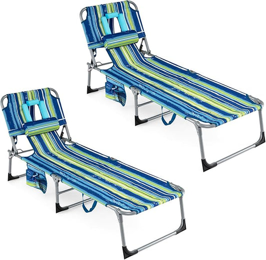 COSTWAY Tanning Chair with Face Hole, Folding Beach Lounge Chair with 4-Position Adjustable Backrest, Pillow & Side Pocket, Foldable Chaise Lounge Chair Outdoor for Sunbathing, Camping (2, Blue+Green)