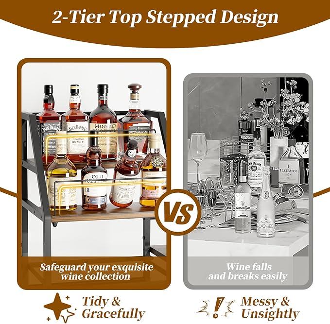 VINAEMO Rolling Bar Cart with Wine Glass Holder, Bar Carts for The Home, Bar Stand for Home, Small Mini Bar for Whiskey Wine, Liquor Cart for Home Bar, Alcohol Cabinet for Bar, Kitchen, Dining Room
